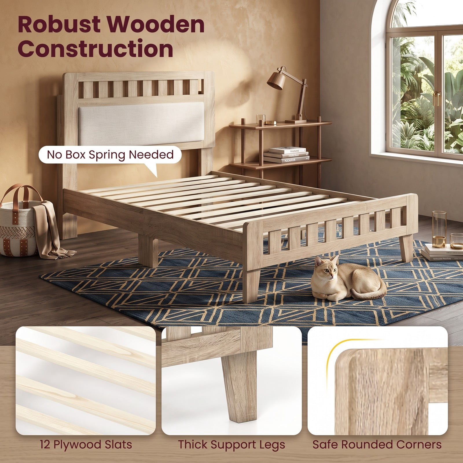 Furnibear Twin Bed Frame with Upholstered Headboard, Wood Platform Bed Frame Mid Century Style, No Box Spring, Rustic Oak and Beige