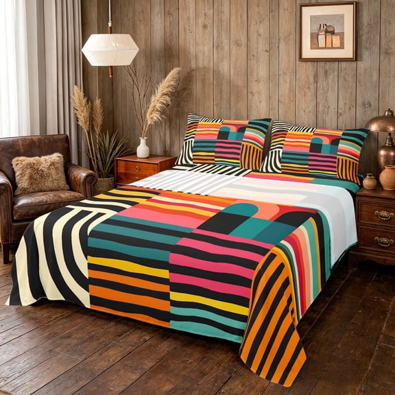 Manfei Abstract Colorful Stripe Queen Sheets, Wavy Geometric Block Queen Sheet Sets, Multicolor, Reversible 4pcs1 Flat Sheet 1 Fitted Sheet 2 Pillowcases