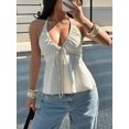 thumbnail image 6 of Women Striped Front Tie Top Y2k Halter Neck Flowy Summer Going Out Tank Top Streetwear Milky White S, 6 of 9