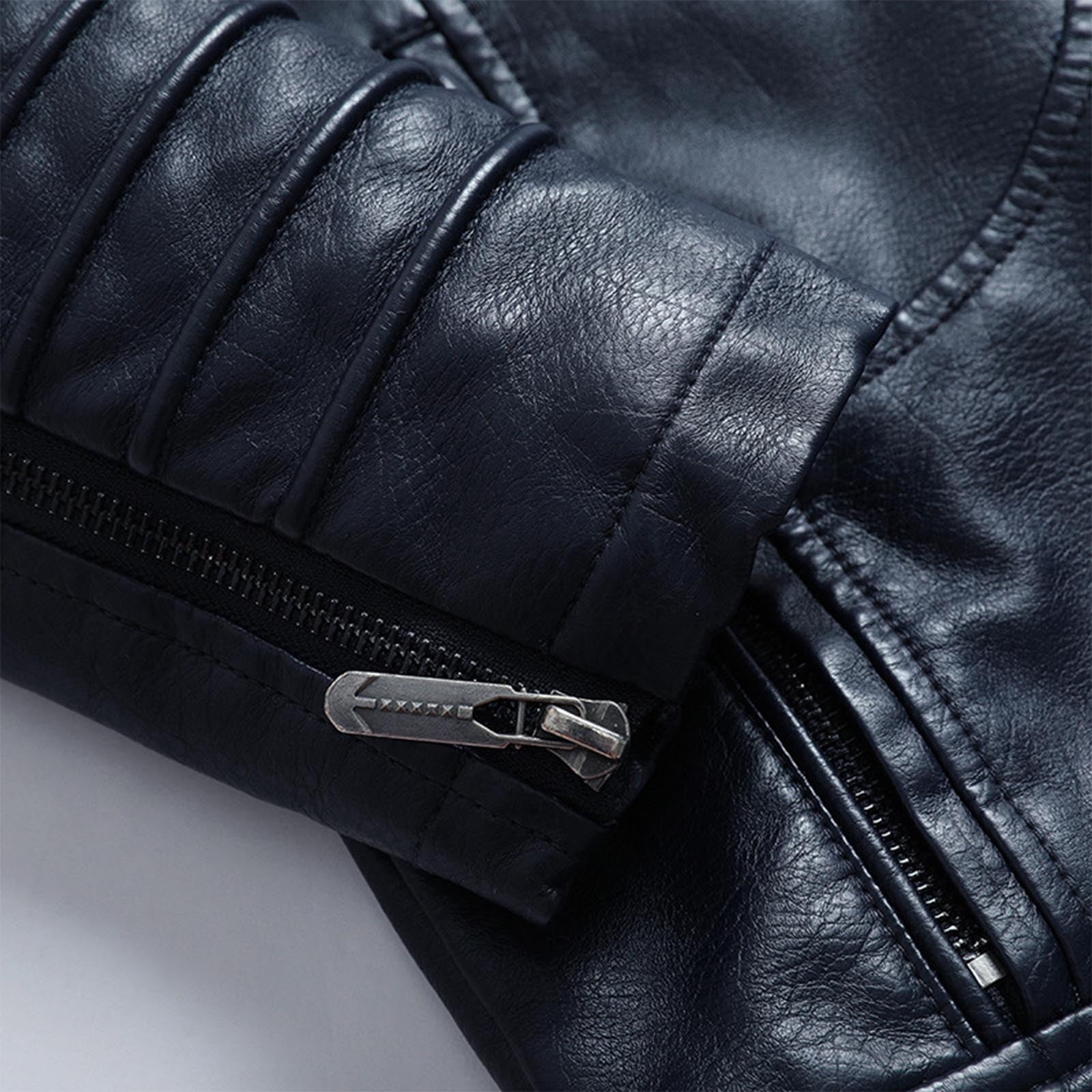 Maoxin Mens Jacket Men Leather Jacket Multiple Pockets Zipper Loose Coat Solid Color Long Sleeved Hooded Leatherwear Coat Jackets for men Blue 2XL