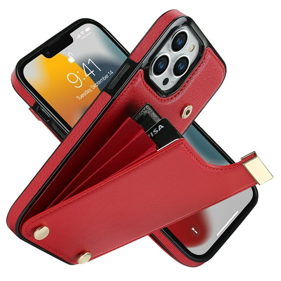 ELEHOLD Leather Wallet Case for iPhone 13 Pro,Premium Leather Material with Organ Card Slots Holders Full Body Protection Shockproof Anti-Fingerprint Purse Case,Red