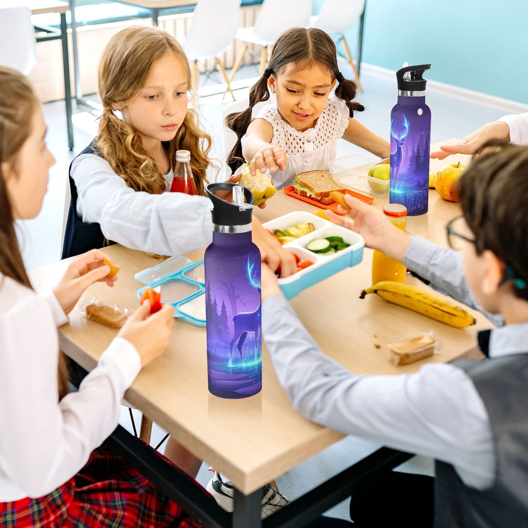 600ML Stainless Steel Insulated Cup Sports Water Bottle Portable Thermos Cup Water Glasses Insulated Tumblers Convenient and Durable Purple Deer