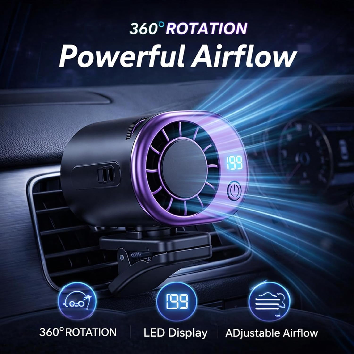 2026 Car Clip On Air Conditioner Fan with LED Display – Adjustable 360° Rotation, USB Rechargeable Personal Cooling Fan, Detachable Wide Clip for Car, Desk, and Backseat Use (Pink)