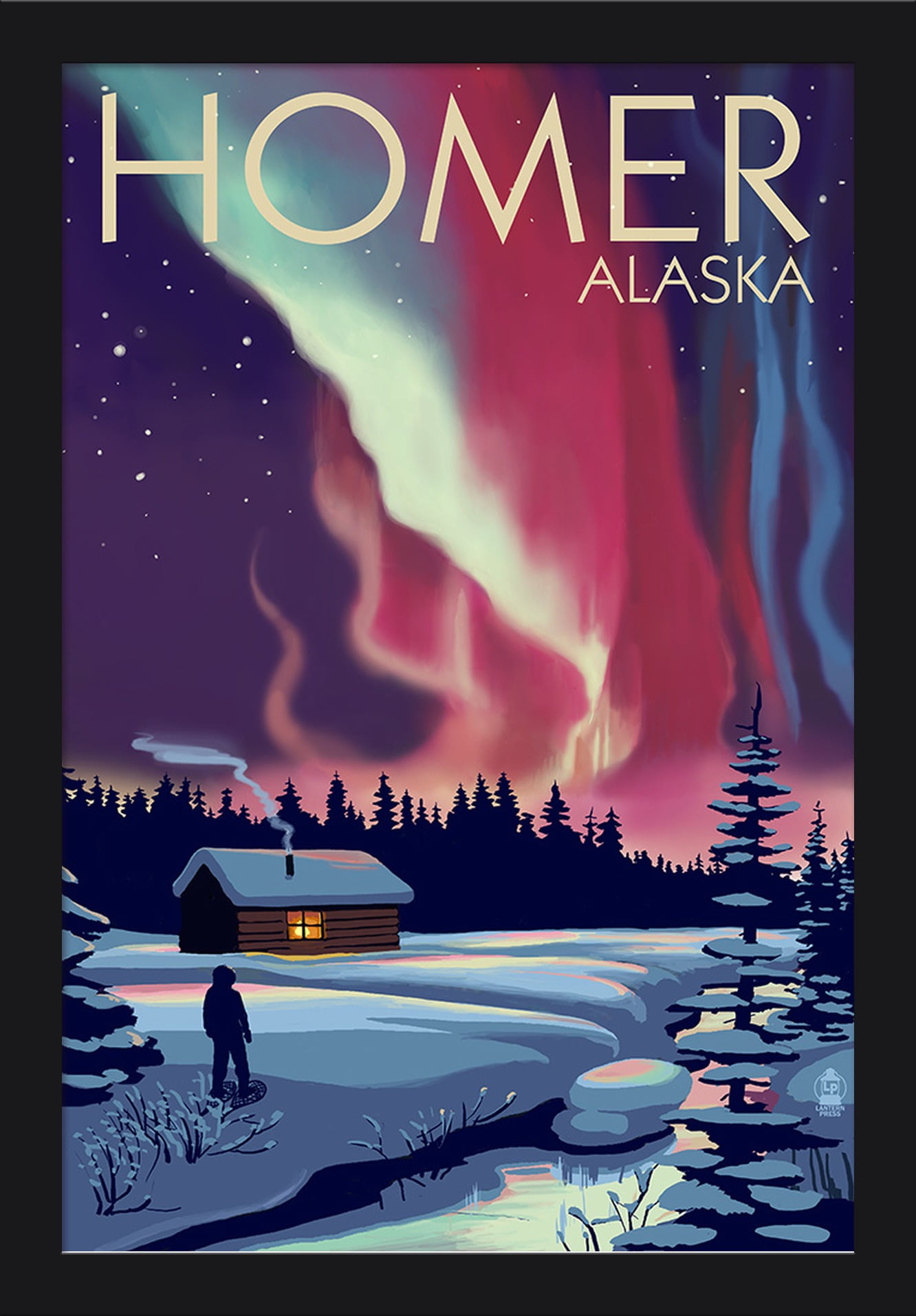 Homer, Alaska Northern Lights & Cabin Lantern Press Artwork (16x24