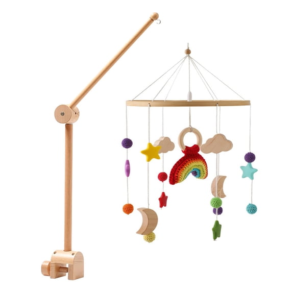 Baby Crib Bell Mobile – Rotating Wooden Wind Chime with Crochet Rainbow & Rocket Pendants – Soothing Hanging Toy for Newborns, Infant Sleep & Nursery Decor