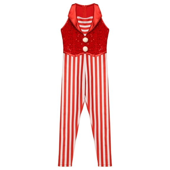 iiniim Girls Xmas Costume Gymnastic Leotard Sleeveless Striped Sequined Jumpsuit Red 16