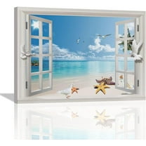 Beach Wall Art Beach Pictures Wall Decor 3D Window Art Starfish Blue Sea Coastal Painting Canvas Art Palm Tree Wall Decor Ocean Painting Tropical Wall Decor Framed for Bathroom Living Room