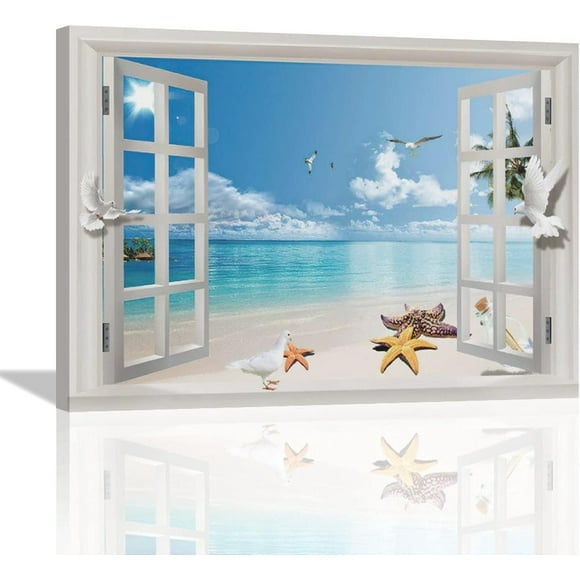 Beach Wall Art Beach Pictures Wall Decor 3D Window Art Starfish Blue Sea Coastal Painting Canvas Art Palm Tree Wall Decor Ocean Painting Tropical Wall Decor Framed for Bathroom Living Room