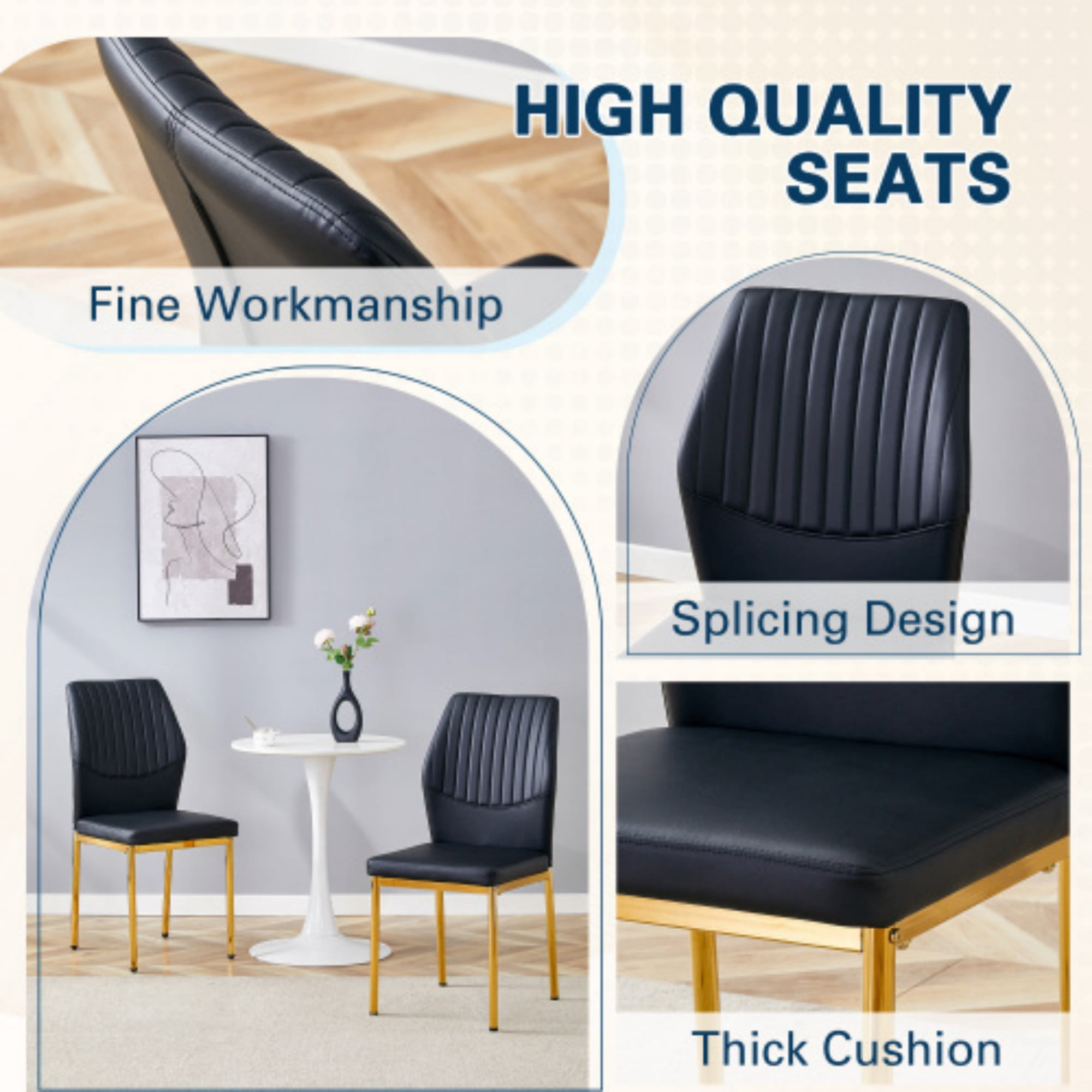 SUDICA Black Dining Chairs Set of 6， Modern Dining Room Chairs Set of 6, Kitchen Faux Leather Upholstered Chairs with Gold Mental Legs