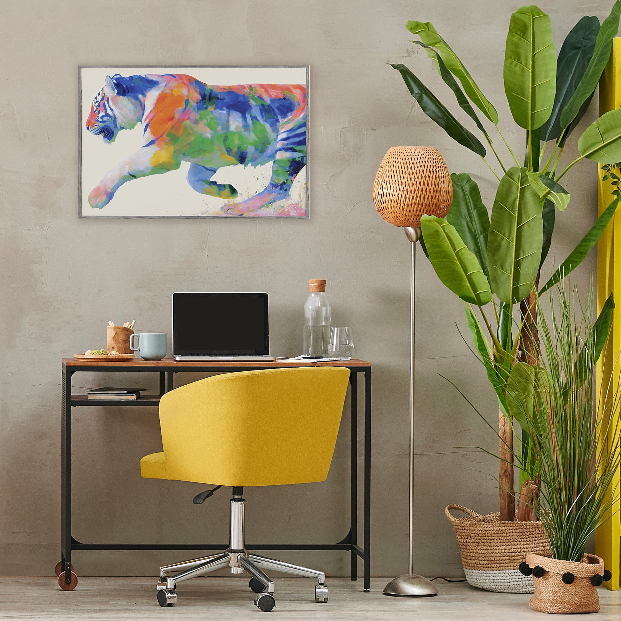 Stupell Industries Colorful Tiger In Motion Gray Framed Giclee Art, design by Chromatic Storm Studio