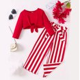 thumbnail image 2 of Darzheoy Girls Outfits Solid Color 2 Piece Long Sleeve Tie Tops And Stripped Wide Leg Pants Printed Elastic Waist Loose Round Neck Fall Winter Casual Sets ,Size 1-8 Years, 2 of 5