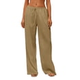 thumbnail image 2 of Cotton Linen Pants Women Flowy Comfy Low Rise Wide Leg Pants Casual Lounge Drawstring Boho Beach Palazoo Trousers Brown XL, 2 of 6