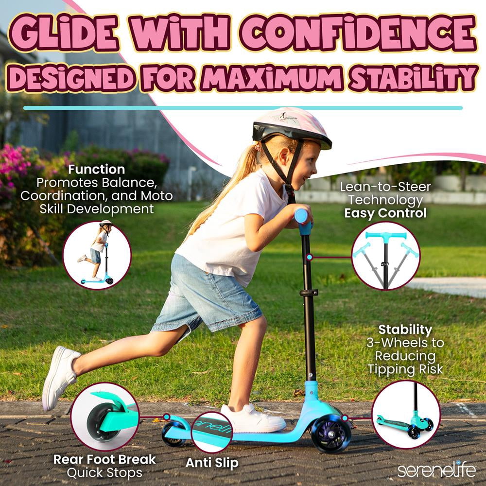 3-Wheel Foldable Kids Scooter - Child Toy Scooter with Built-in LED Wheel Lights, and Easy Maneuvering Lean-to-Steer Technology (Turquoise Blue)
