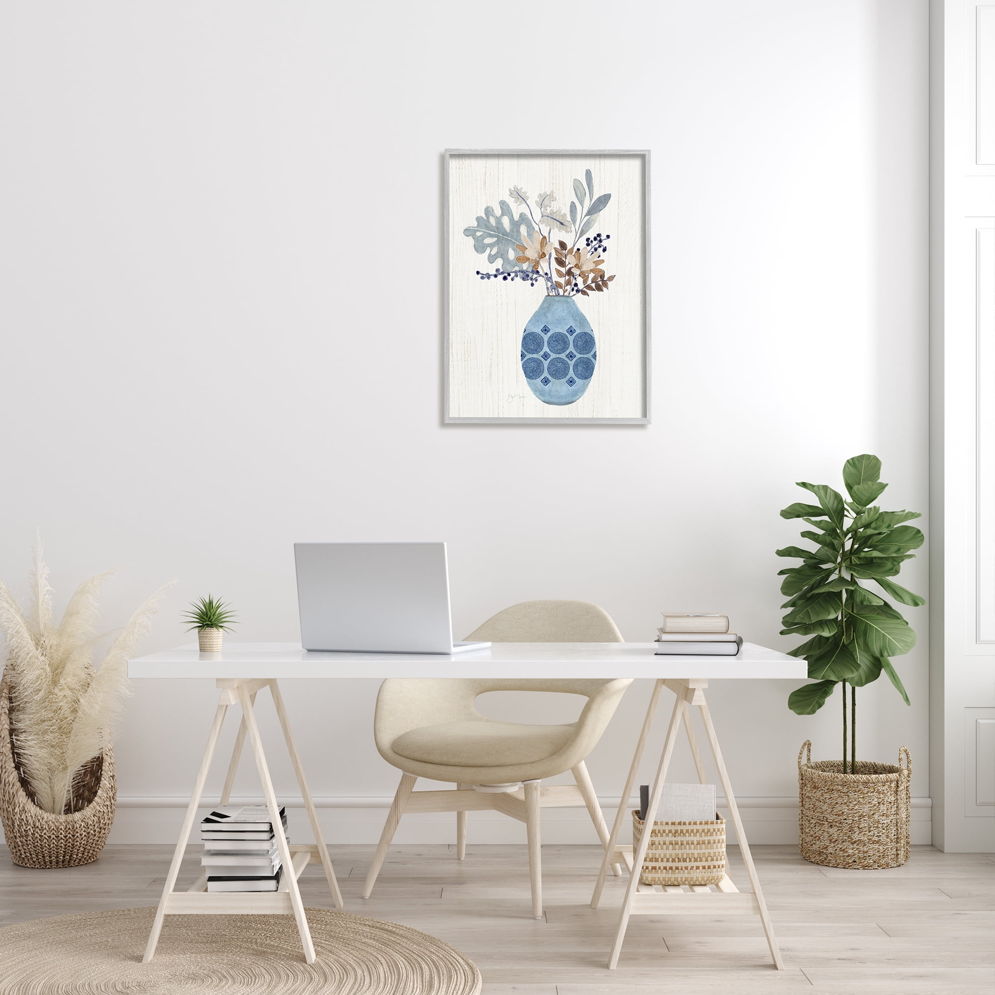 Stupell Industries Stylish Mosaic Pattern Vase Botanical Leaf Sprigs Graphic Art Gray Framed Art Print Wall Art, Design by Tava Studios