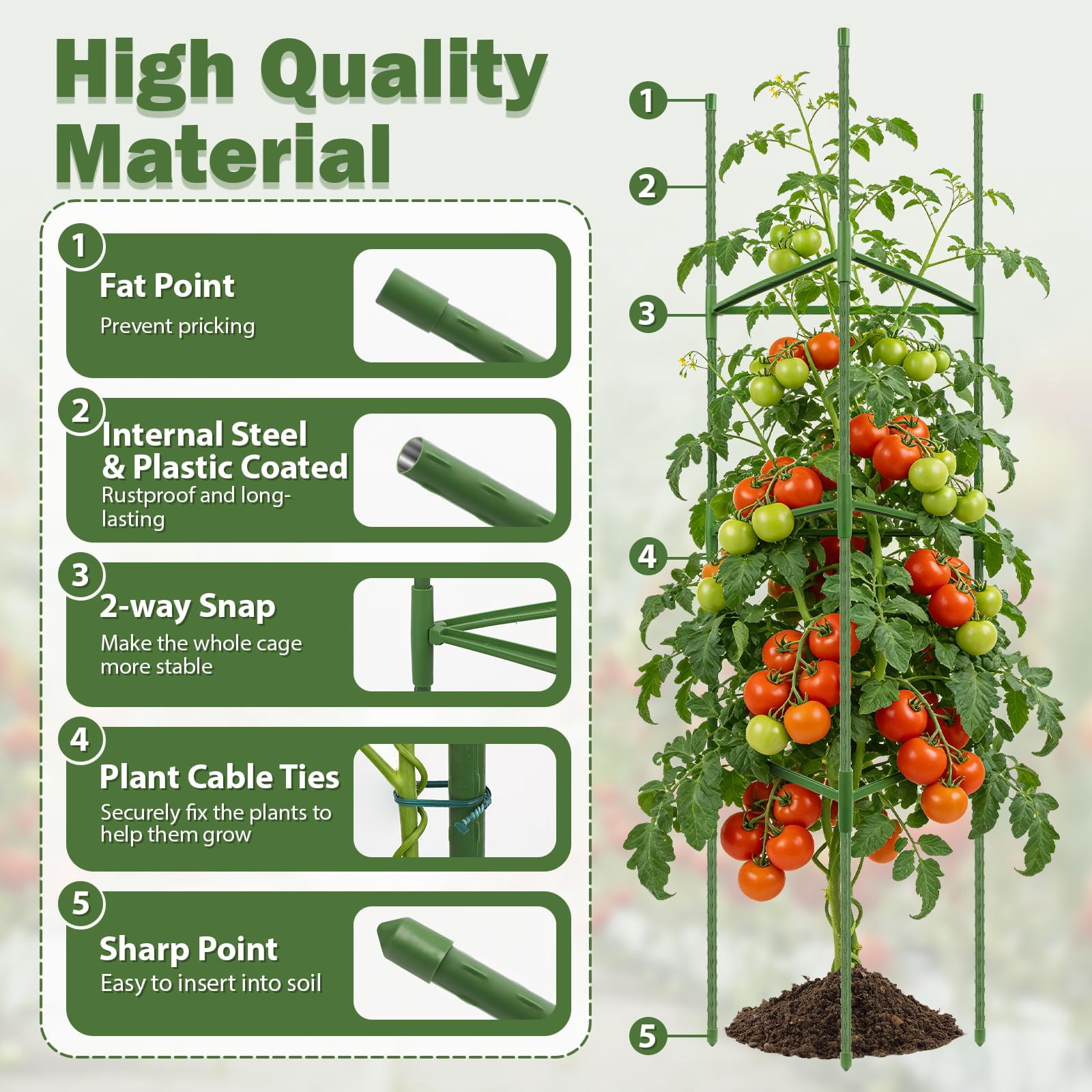 6 Pack Tomato Cage For Garden Plant Supports  Up To 53 Inch Trellis Potted Plants Heavy-duty Stakes Climbing Vegetables Cucumber Peony Flowers Green