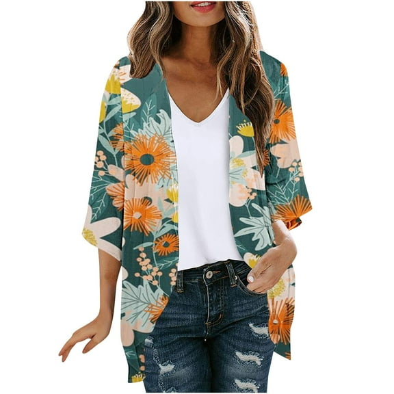 Nmnitkp Cardigan Women Summer Short Sleeve Cardigan Floral Print Puff Sleeve Kimono Cardigan Loose Cover Up Casual Blouse Tops Summer Blouses for Women 2025