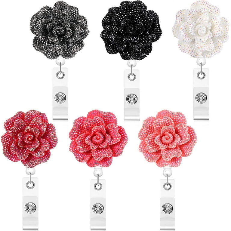 6 Pieces 24 inch Retractable Badge Reels, Glitter Rose ID Badge Holder with 360 Degree Rotatable Alligator Clip, Name Badge Clip Reel with Retractable