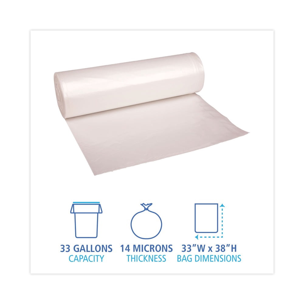 Boardwalk High-Density Trash Bags, 33 gal, 14 microns, 33" x 38", Natural, 25 Bags/Roll, 10 Rolls/Carton