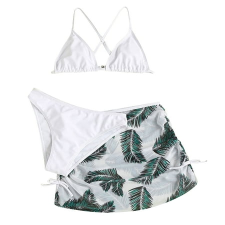 Baby Swimsuit Girl Child 3 Piece Bathing Suit Soild Bikini Tops Underpants Print Skirt Swimwear Set