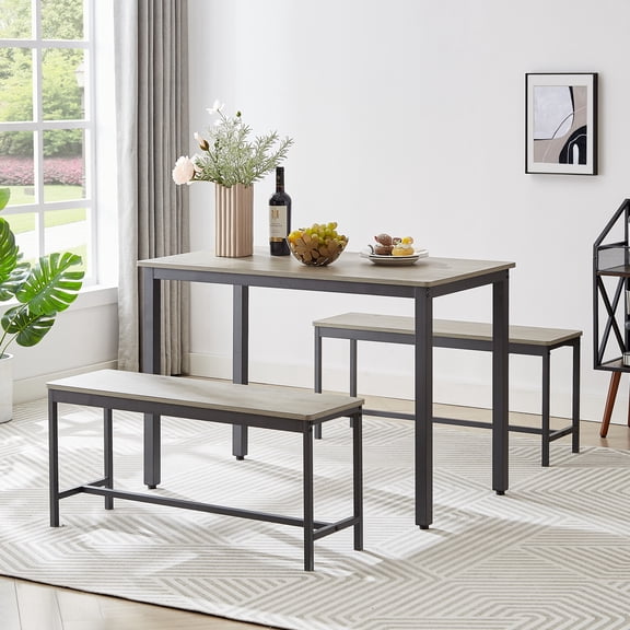 EUROCO 43.3" Dining Room Table Set, 3-Piece Breakfast Nook Dining Table Set with Two Benches,  Dining Room Table Set Kitchen Table Set with Metal Frame, Modern Furniture for Home Cafeteria