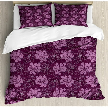 Spring Duvet Cover Set Queen Size, Hand Drawn Blossoming Petal Silhouettes and Outlines Botanical Pattern, Decorative 3 Piece Bedding Set with 2 Pillow Shams, Dried Rose and Plum, by (Best Way To Dry Rose Petals)