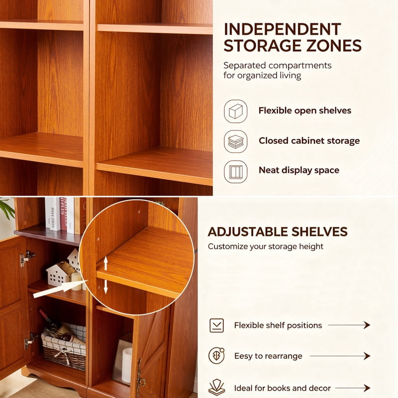 Farmhouse Storage Cabinet with Barn Door & Adjustable Shelf, Wood Bookcase for Home Office, Bookshelf with Open Display Cubbies