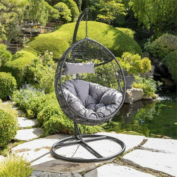 Afuera Living Outdoor Wicker Hanging Basket Chair in Black and