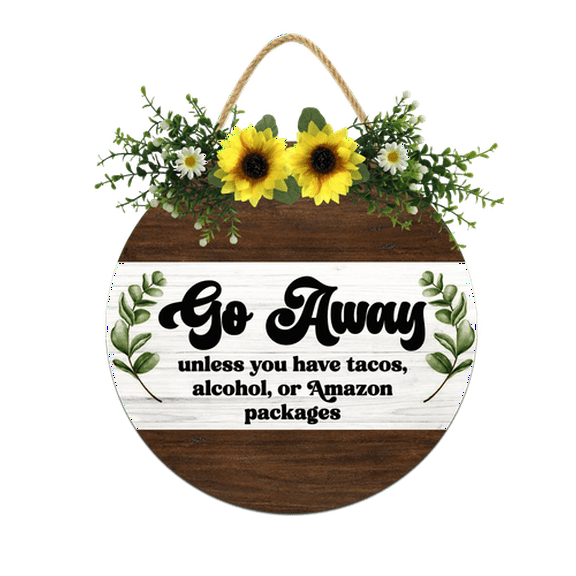 Eveokoki Go Away Sign for Front Door,11Inch Door Decor for Farmhouse Porch Decorations,Rustic Unwelcome Wreaths Sign with Greenery, Round Wooden Hanging Signs Housewarming Gift for Home