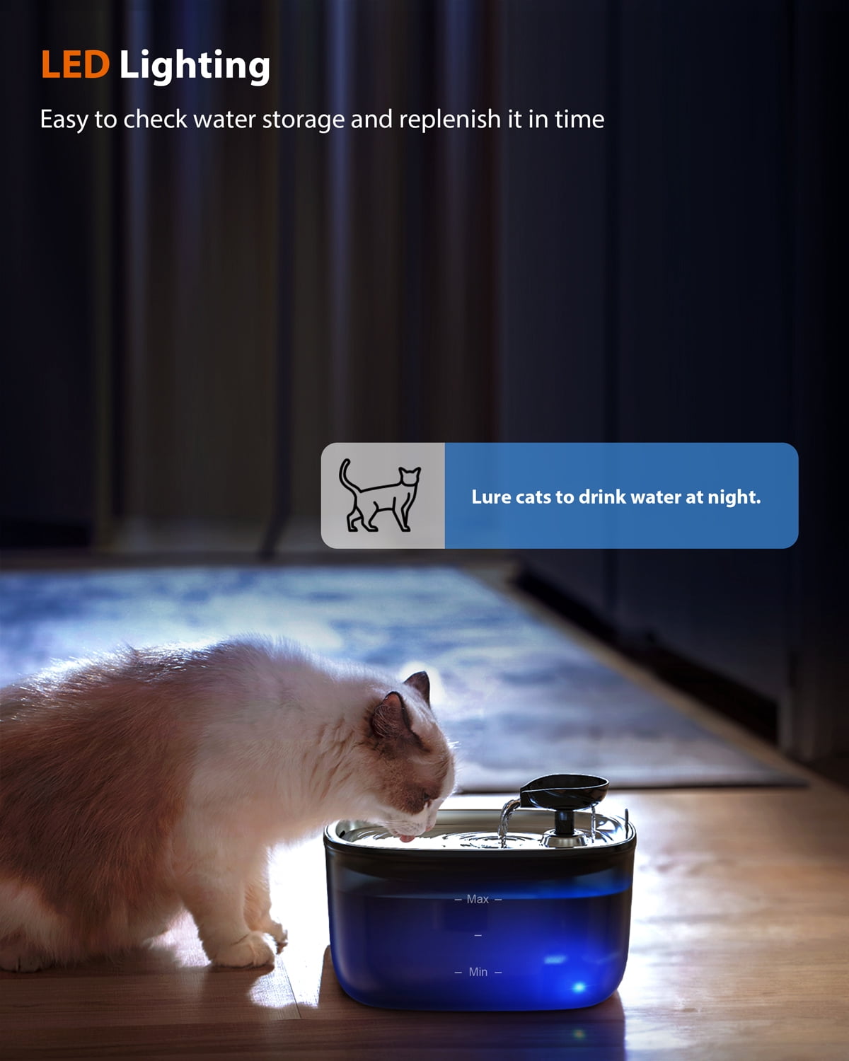 Stouchi Stainless Steel Cat Fountain, Super Quiet 2.5L/84oz Automatic Water Fountain for Cats Dogs, LED Water Level Window, BPA-Free with 2 Filters & Cleaning Brush, Easy to Clean