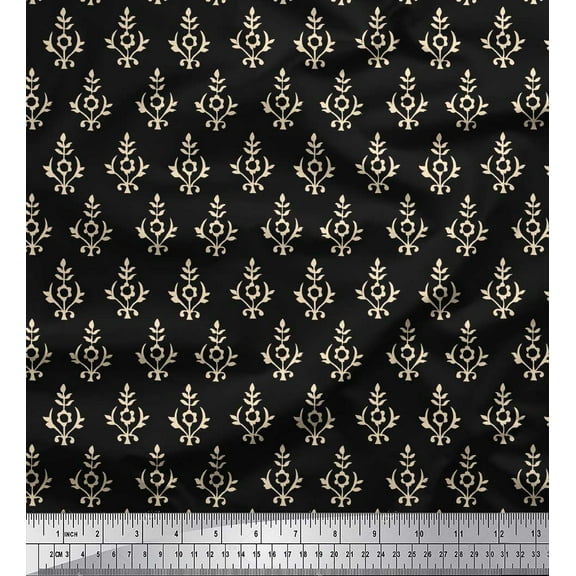 Soimoi Black Cotton Duck Fabric Floral Block Printed Craft Fabric by the Yard 42 Inch Wide