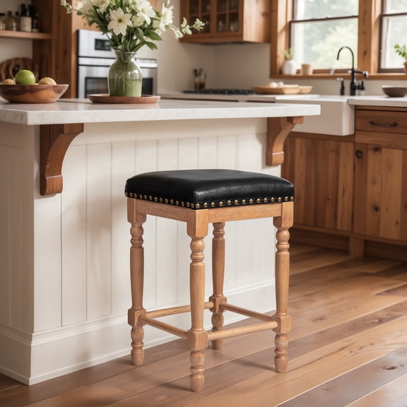 Subrtex Counter Height Bar Stools Set of 2, Black Oil-Waxed Faux Leather Upholstered Bar Stools with Solid Rubberwood Frame and Nailhead Trim