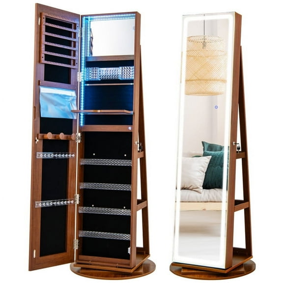 GVN Jewelry Armoire Box, Jewelry Cabinet, Standing Jewelry Cabinet with Adjustable LED Lights-Brown