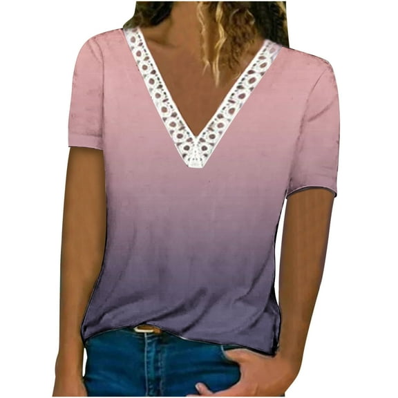 Summer Short Sleeve T Shirts for Women Floral Crochet Lace Trim V Neck Tunic Tops Casual Loose Blouses Tee Shirts
