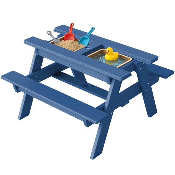 FOOWIN HDPE Kids Picnic Table, 3 in 1 Outdoor Convertible Sand & Water Table with Removable Tabletop, Kids Outdoor Table for Backyard Patio Play, Navy Blue
