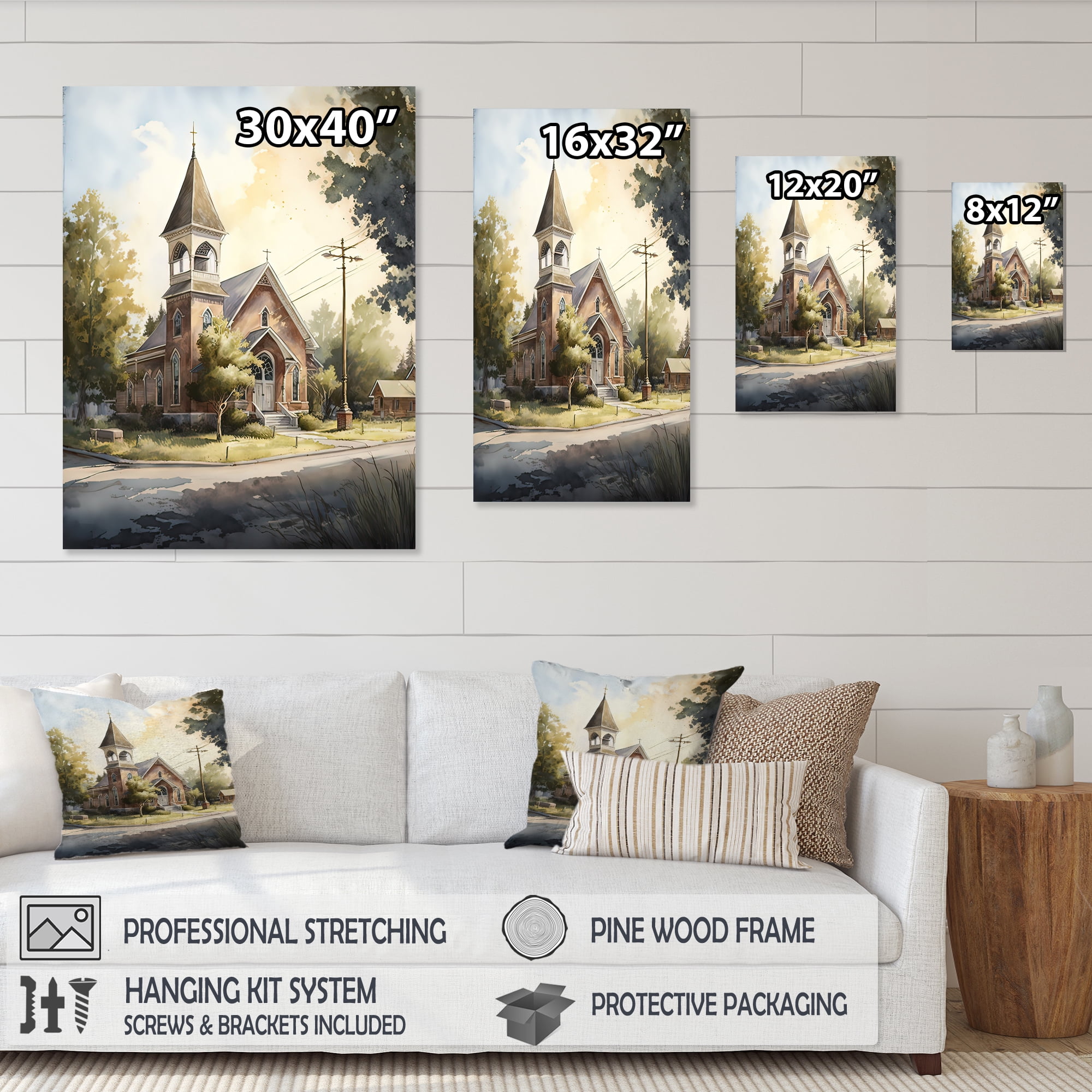 Designart Cute Church In A Small Town Canvas Wall Art