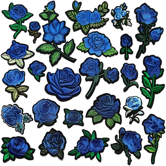 TUWAFE 25Pcs Rose Iron on Patches,Assorted Sizes Blue Floral Embroidered Patches Applique for Clothes Hats Jeans Jacket