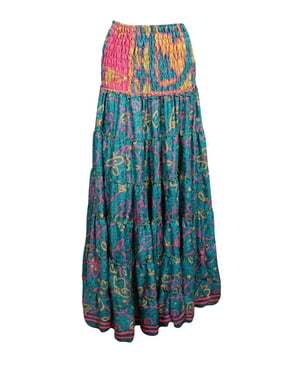 Mogul Women Teal Blue Floral Printed 2 in 1 Recycled Sari Beach Maxi Skirts Bohemian Summer Tube Dress S/M