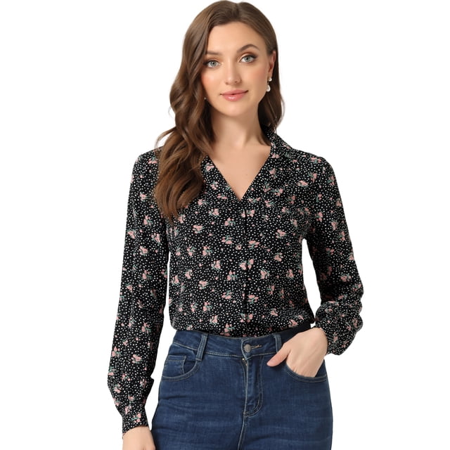 Camisa Con Cuello En V Y Solapa Con Botones Y Lunares En Forma De Corazón Para Mujer Floral Negro XL
