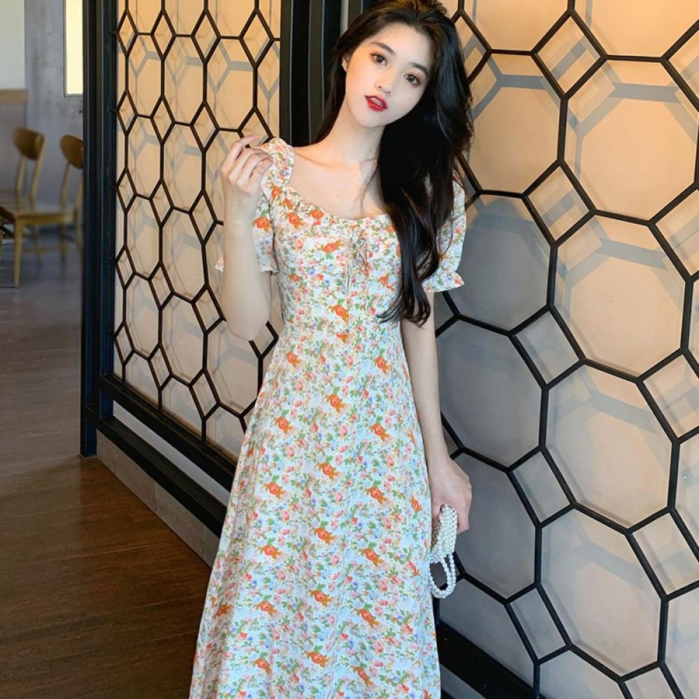 NEW HOT Summer Dress Ladies Korean Fashion Wild Sweet And Lovely  Temperament High Waist Square Neck Floral DressTEN - Walmart.com