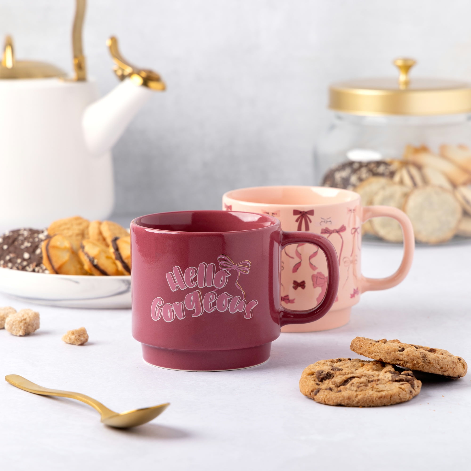 Thyme & Table 14.2 fl oz Hello Gorgeous and Pink Bows Stoneware Stacking Mugs, Set of 2