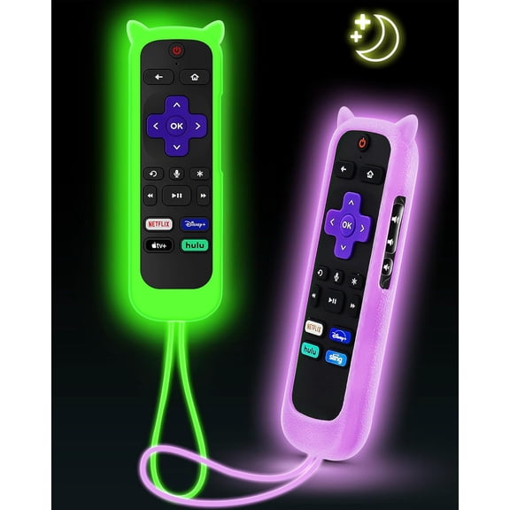 Cover for Roku Remote with Cat Ears Design, Silicone Skin Case Compatible with Hisense/TCL Roku TV, Steaming Stick/Express, Universal Replacement Controller. Glow in the Dark, Green/Purple