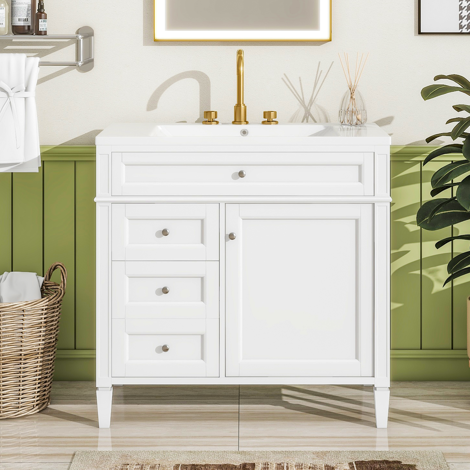 EUROCO 36'' Bathroom Vanity with Sink, Modern Bathroom Storage Cabinet with 2 Drawers and a Tip-out Drawer, Freestanding Bathroom Dresser, White