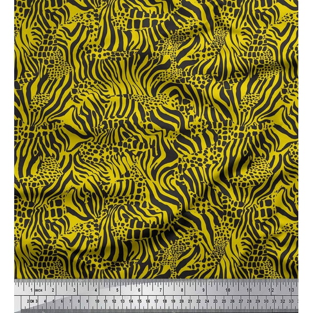 Soimoi Yellow polyester Crepe Fabric Leopard & Wild Animal Skin Decor Fabric Printed BTY 42 Inch Wide