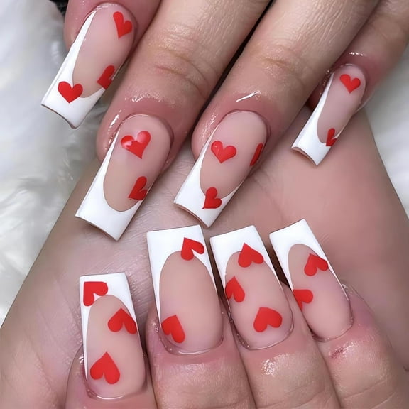 Almond Heart Press on Nails Glossy Pink Fake Nails Medium Length Acrylic False Nails with Red Small Hearts Design Reusable Artificial Nails Press ons Valentines Glue on Nails for Women 24Pcs 28