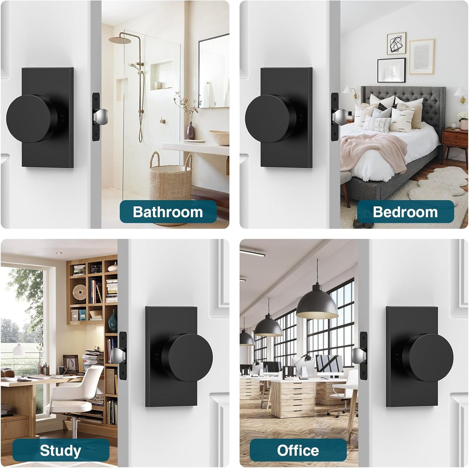 5 Pack Door Knob, Privacy Door Knobs with Lock, Rectangle Modern Door Handles, Matte Black