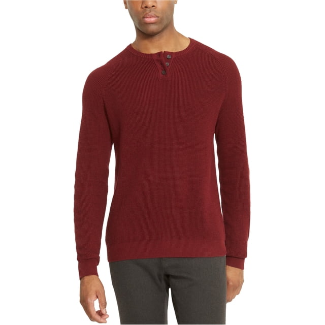 Kenneth Cole Mens Waffle Henley Sweater, Red, Small