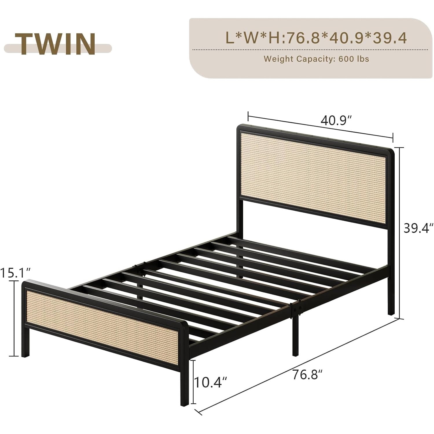 4 EVER WINNER Twin Size Bed Frame, Rattan Bed Frame with Natural Rattan Headboard and Footboard, No Box Spring Needed, Black