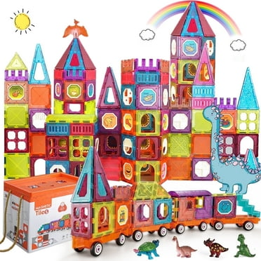 Magnetic Tiles Building Blocks with 4 Cars Magnet Train Set for Kids Construction STEM Toy for Girls Boys Toddlers 3 4 5 6 7 8