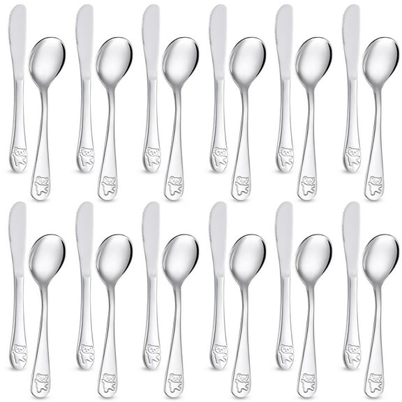 24 Pieces Kids Silverware Toddler Utensils Children's Safe Flatware Toddler Silverware Set 12 x Kids Forks 12 x Kids Spoons Stainless Steel Toddler Spoons and Toddler Forks (Silver)