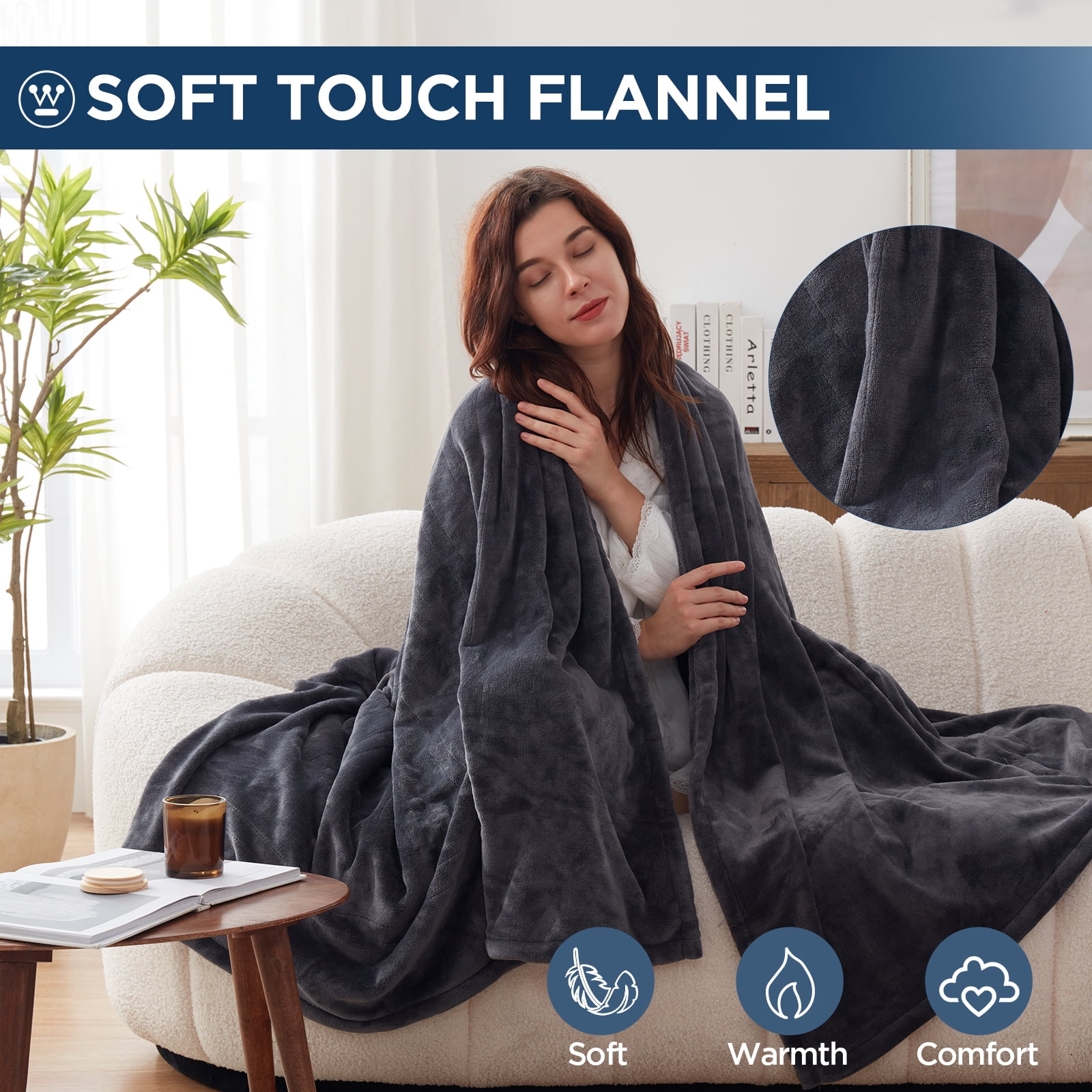 Westinghouse Electric Heated Blanket, 50" x 60" size, 6 Heating Levels & 2-10 Hour Time Setting, Soft Silky Microplush Flannel Throw Blanket, Machine Washable, Charcoal Grey